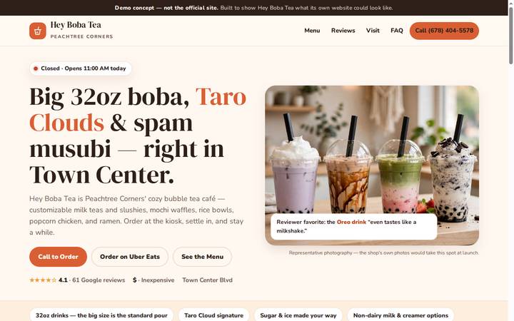 Screenshot of the demo website built for Hey Boba Tea
