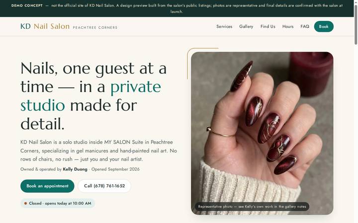 Screenshot of the demo website built for KD Nail Salon