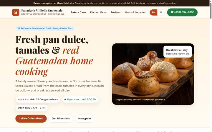 Screenshot of the demo website built for Panaderia Mi Bella Guatemala
