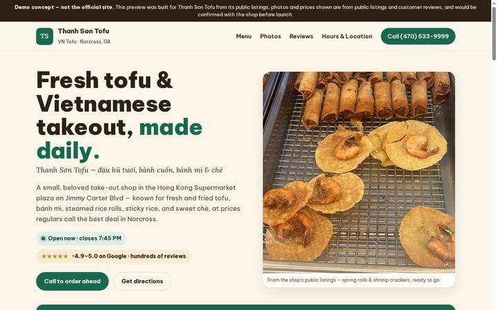 Screenshot of the demo website built for Thanh Son Tofu