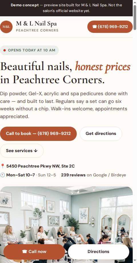 Mobile website for a local nail salon, the kind of site kept updated under website maintenance