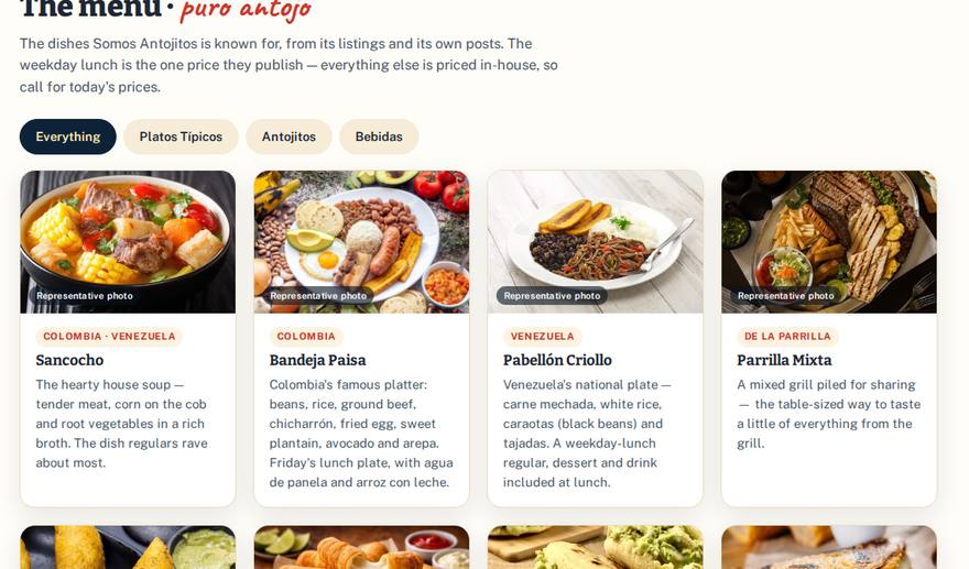 Screenshot of the digital menu built for the Somos Antojitos demo site, with dish photos and menu categories